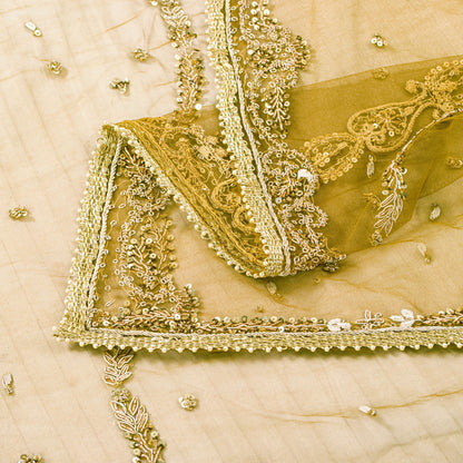 Sanskriti Vintage Net Green Dupatta Long Stole Hand Beaded Zardozi Dabka Scarves