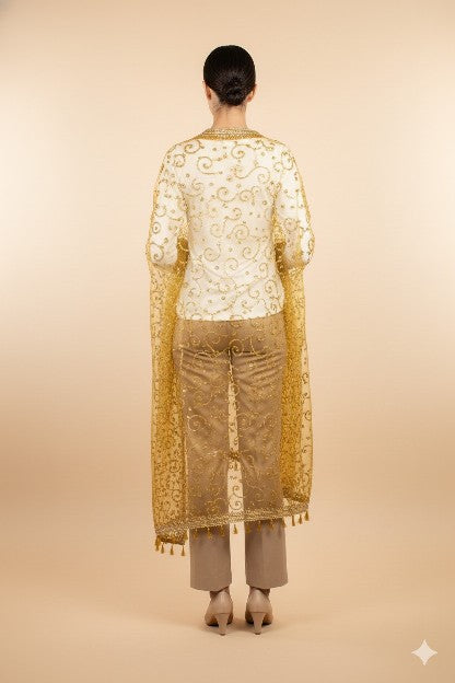 Sanskriti Vintage Net Green Dupatta Long Stole Hand Beaded Zardozi Dabka Scarves