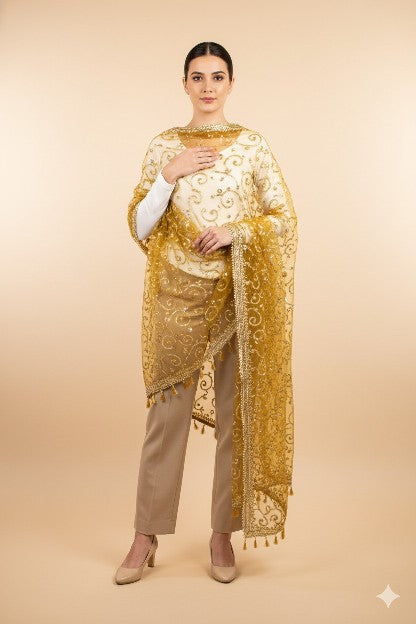 Sanskriti Vintage Net Green Dupatta Long Stole Hand Beaded Zardozi Dabka Scarves