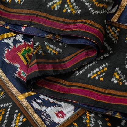 Sanskriti Vintage Blue Pure Silk Dupatta Long Stole Patan Patola Hand Ikat Woven Cultural Wrap Veil Geometric Pattern From Gujrat of India