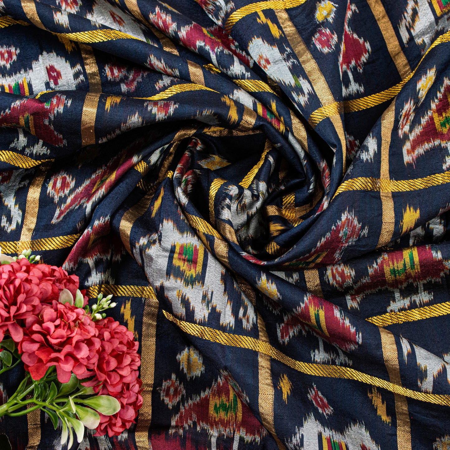 Sanskriti Vintage Blue Pure Silk Dupatta Long Stole Patan Patola Hand Ikat Woven Cultural Wrap Veil Geometric Pattern From Gujrat of India