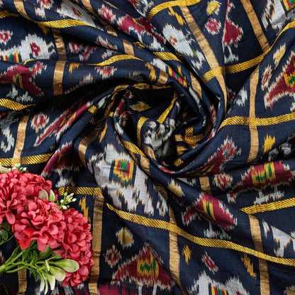 Sanskriti Vintage Blue Pure Silk Dupatta Long Stole Patan Patola Hand Ikat Woven Cultural Wrap Veil Geometric Pattern From Gujrat of India