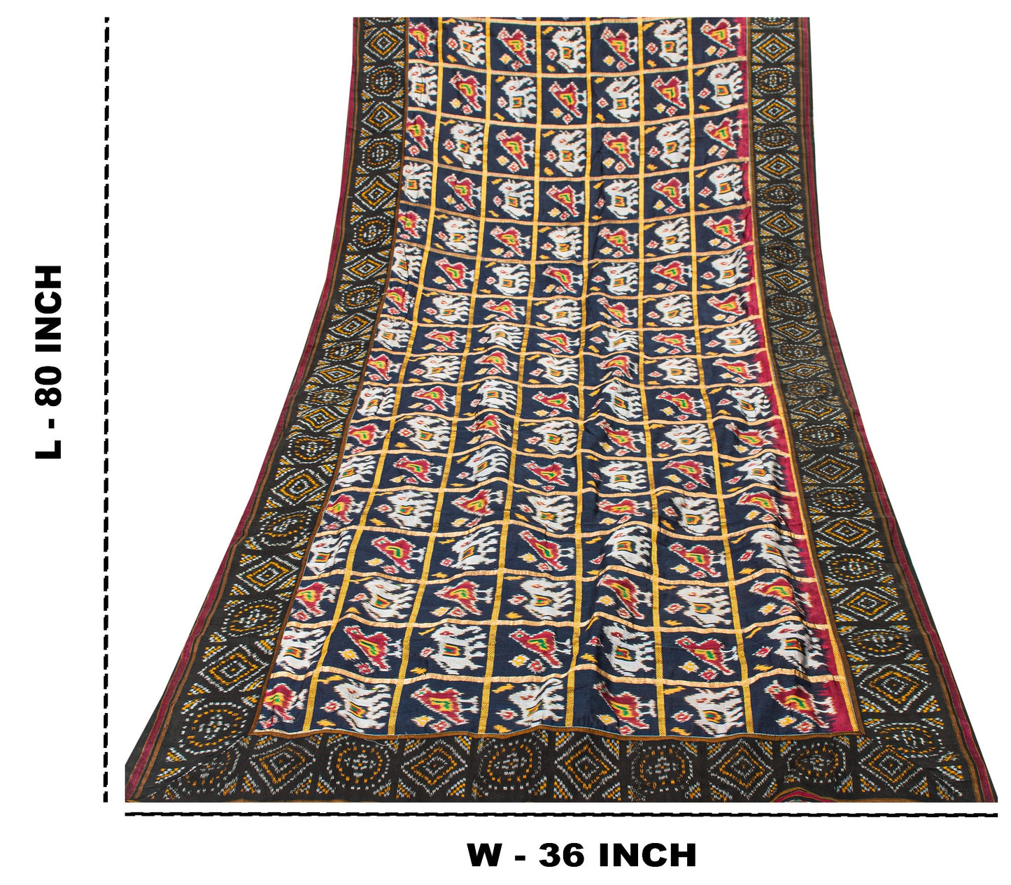 Sanskriti Vintage Blue Pure Silk Dupatta Long Stole Patan Patola Hand Ikat Woven Cultural Wrap Veil Geometric Pattern From Gujrat of India