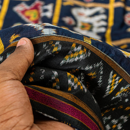 Sanskriti Vintage Blue Pure Silk Dupatta Long Stole Patan Patola Hand Ikat Woven Cultural Wrap Veil Geometric Pattern From Gujrat of India