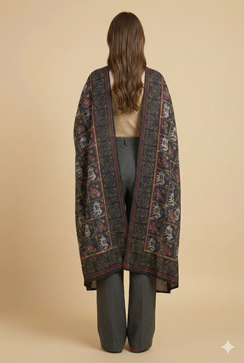 Sanskriti Vintage Blue Pure Silk Dupatta Long Stole Patan Patola Hand Ikat Woven