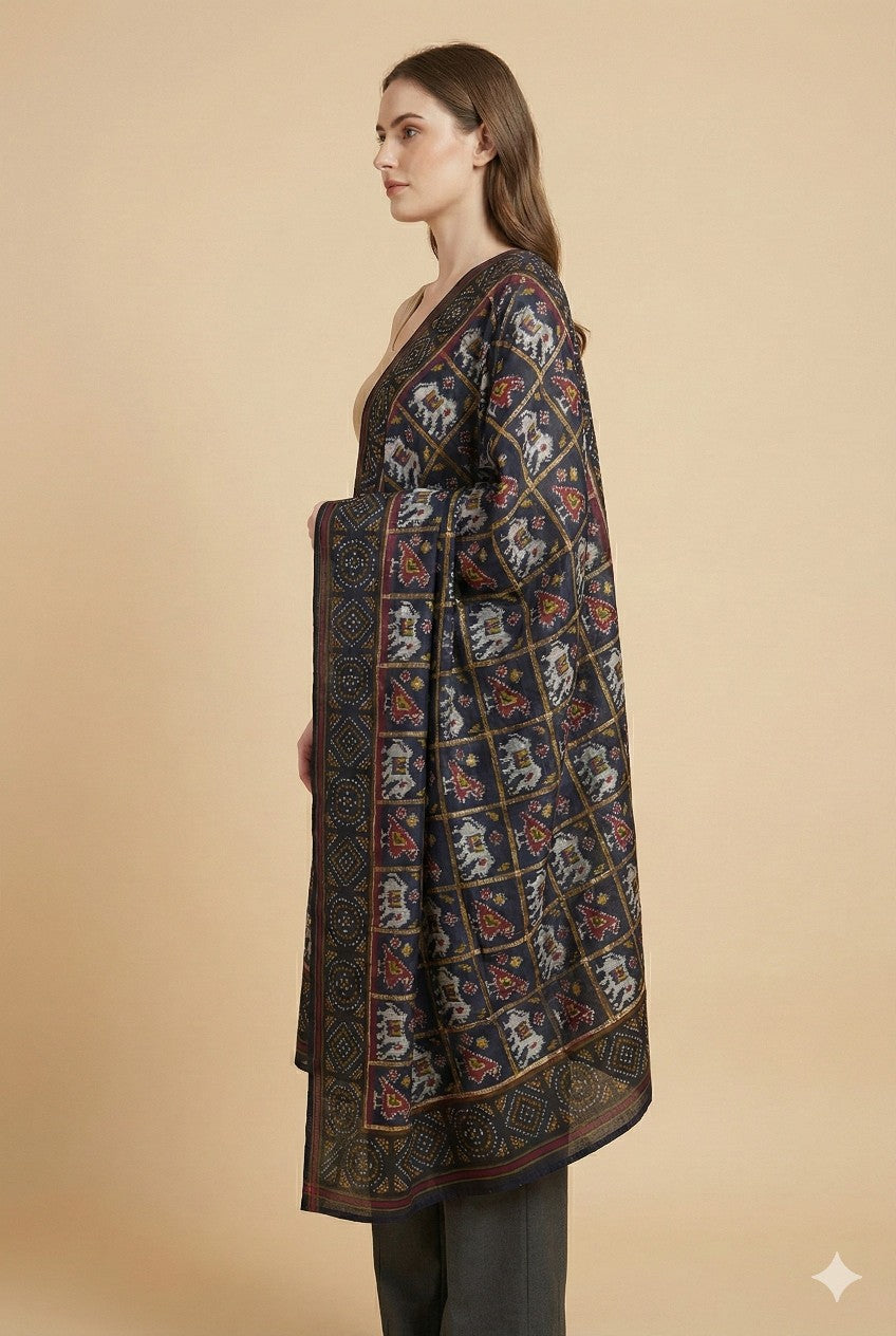 Sanskriti Vintage Blue Pure Silk Dupatta Long Stole Patan Patola Hand Ikat Woven Cultural Wrap Veil Geometric Pattern From Gujrat of India