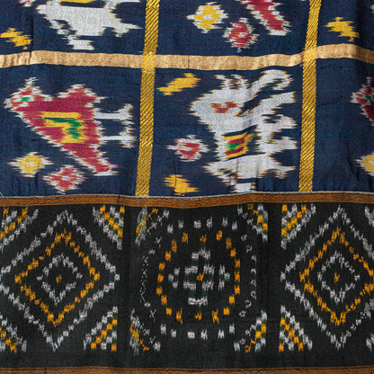 Sanskriti Vintage Blue Pure Silk Dupatta Long Stole Patan Patola Hand Ikat Woven Cultural Wrap Veil Geometric Pattern From Gujrat of India