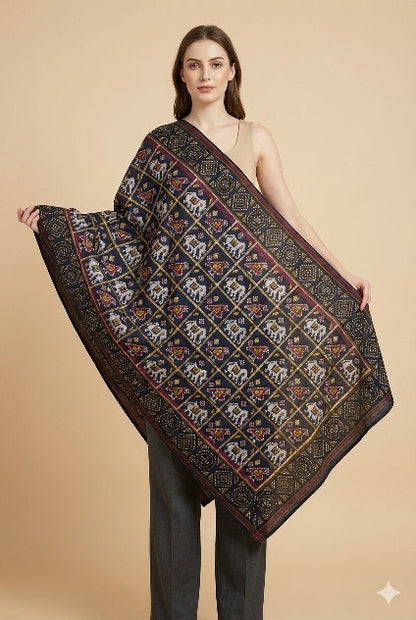 Sanskriti Vintage Blue Pure Silk Dupatta Long Stole Patan Patola Hand Ikat Woven Cultural Wrap Veil Geometric Pattern From Gujrat of India