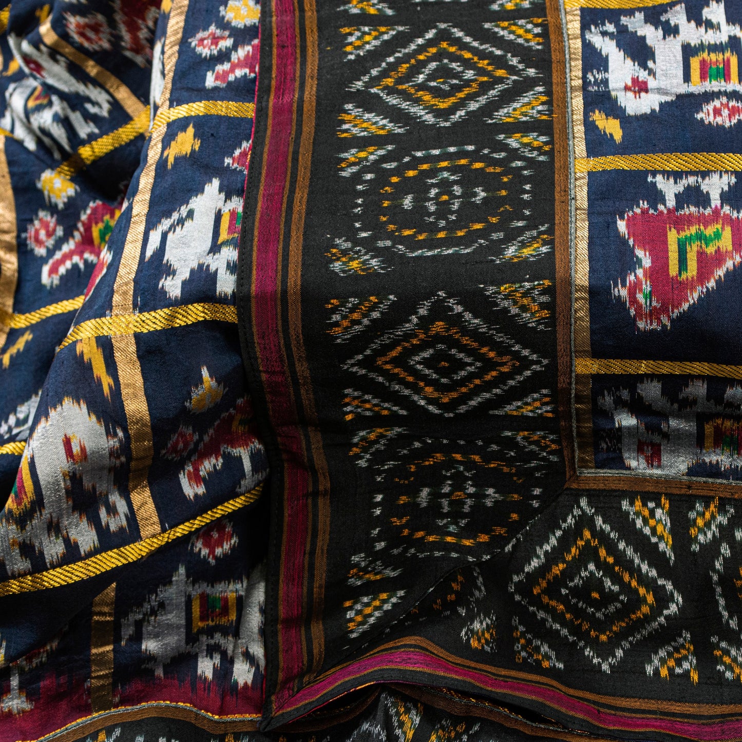 Sanskriti Vintage Blue Pure Silk Dupatta Long Stole Patan Patola Hand Ikat Woven Cultural Wrap Veil Geometric Pattern From Gujrat of India