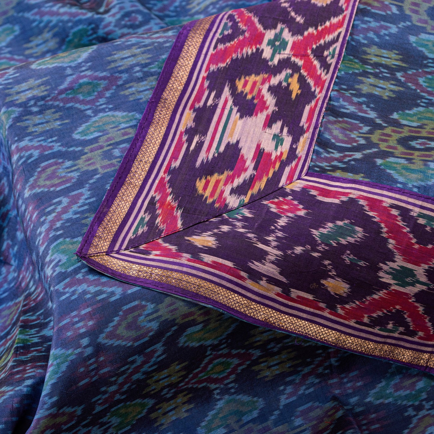 Sanskriti Vintage Blue Pure Silk Dupatta Long Stole Patan Patola Ikat Hand Woven