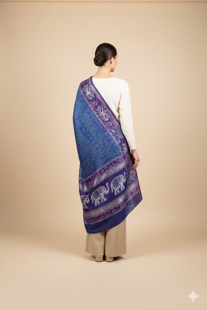 Sanskriti Vintage Blue Pure Silk Dupatta Long Stole Patan Patola Ikat Hand Woven