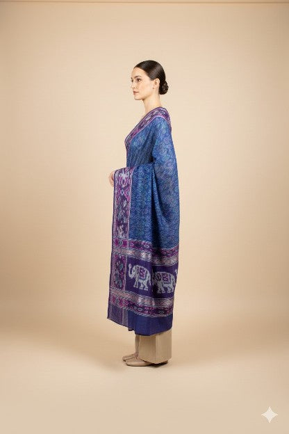 Sanskriti Vintage Blue Pure Silk Dupatta Long Stole Patan Patola Ikat Hand Woven