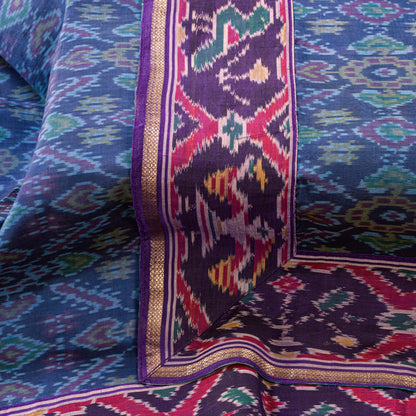 Sanskriti Vintage Blue Pure Silk Dupatta Long Stole Patan Patola Ikat Hand Woven