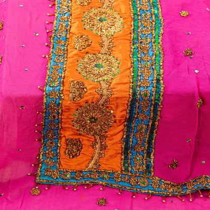 Sanskriti Vintage Pink Pure Georgette Silk Dupatta Long Stole Hand Beaded Scarf