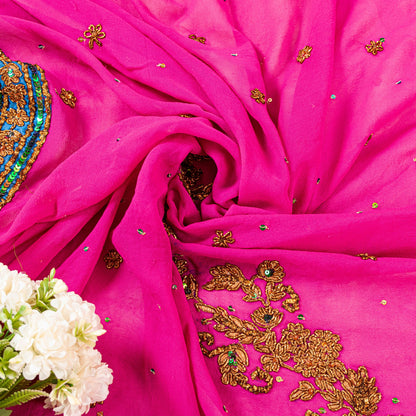 Sanskriti Vintage Pink Pure Georgette Silk Dupatta Long Stole Hand Beaded Scarf