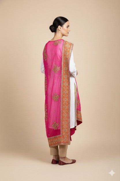 Sanskriti Vintage Pink Pure Georgette Silk Dupatta Long Stole Hand Beaded Scarf