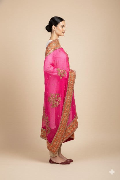 Sanskriti Vintage Pink Pure Georgette Silk Dupatta Long Stole Hand Beaded Scarf