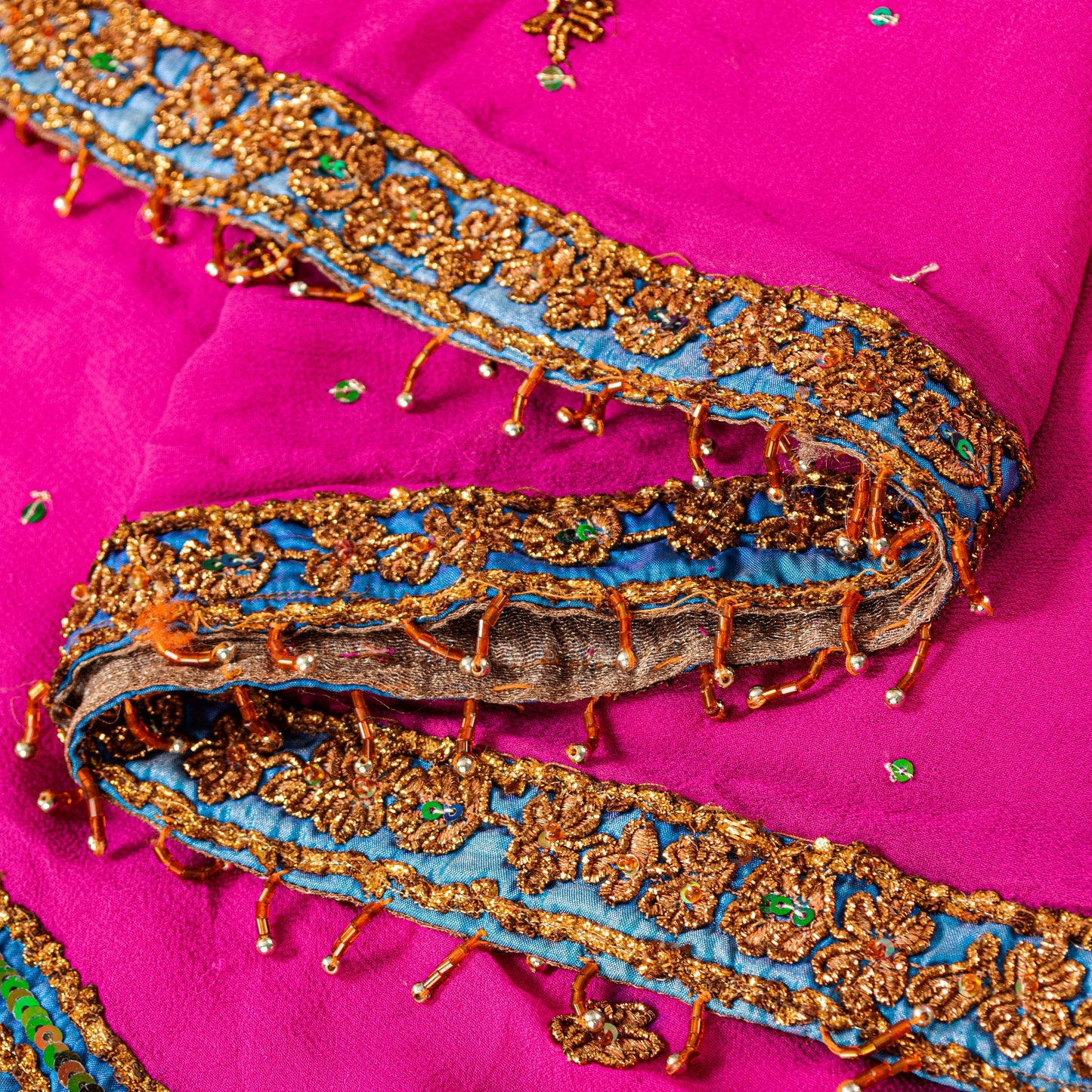 Sanskriti Vintage Pink Pure Georgette Silk Dupatta Long Stole Hand Beaded Scarf