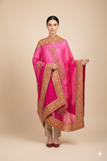 Sanskriti Vintage Pink Pure Georgette Silk Dupatta Long Stole Hand Beaded Scarf