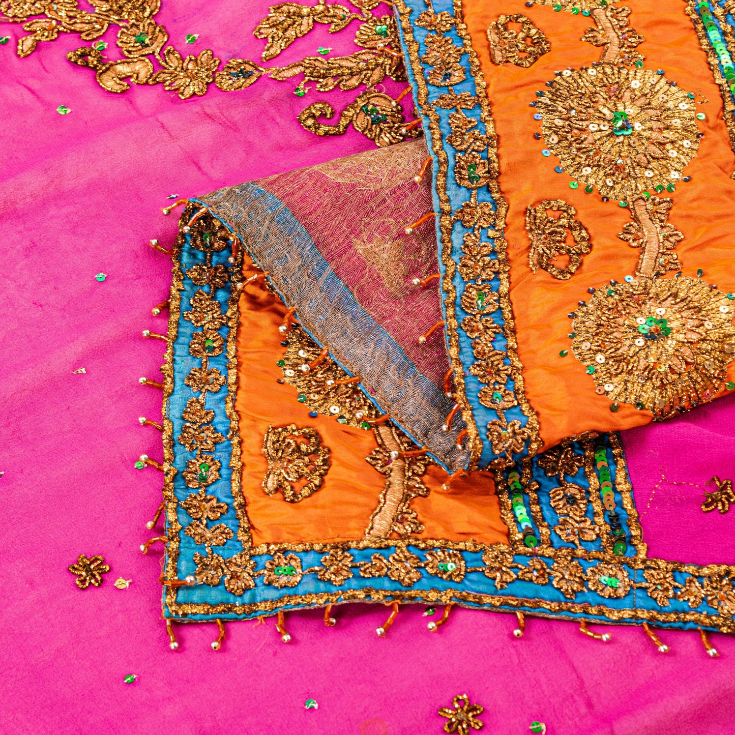 Sanskriti Vintage Pink Pure Georgette Silk Dupatta Long Stole Hand Beaded Scarf