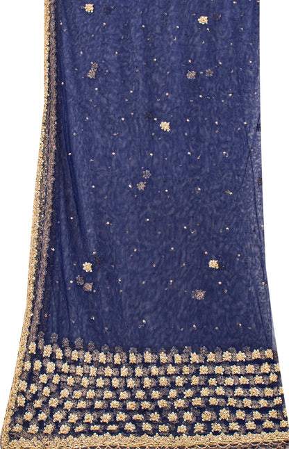 Sanskriti Vintage Blue Net Mesh Dupatta Long Stole Hand Bead Zari Zardozi Scarf