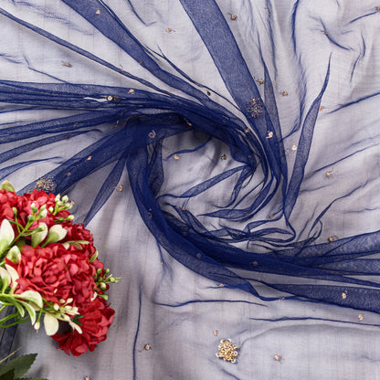 Sanskriti Vintage Blue Net Mesh Dupatta Long Stole Hand Bead Zari Zardozi Scarf