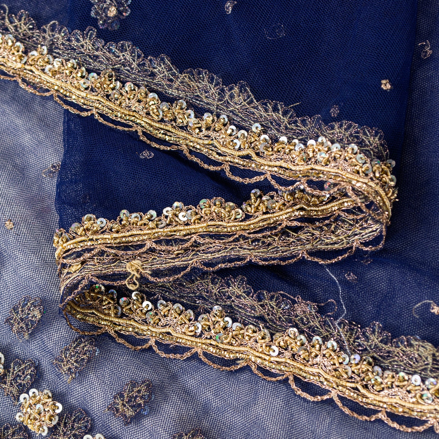 Sanskriti Vintage Blue Net Mesh Dupatta Long Stole Hand Bead Zari Zardozi Scarf