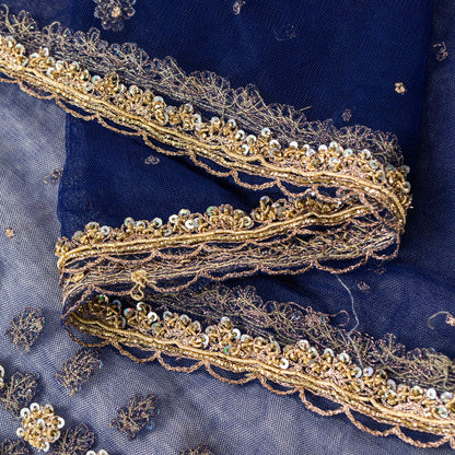 Sanskriti Vintage Blue Net Mesh Dupatta Long Stole Hand Bead Zari Zardozi Scarf