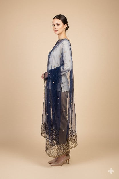 Sanskriti Vintage Blue Net Mesh Dupatta Long Stole Hand Bead Zari Zardozi Scarf