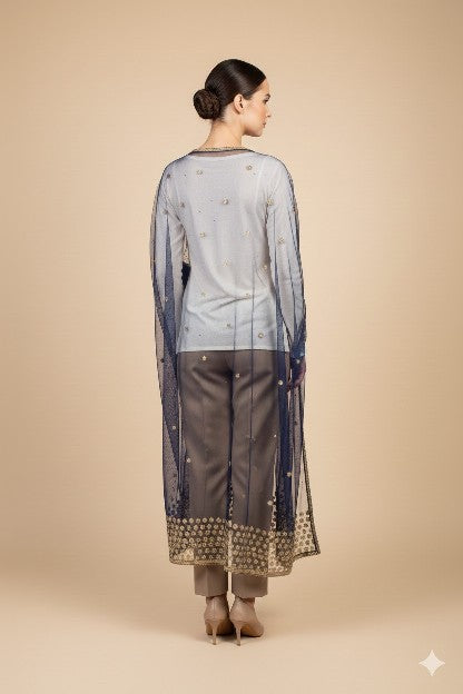 Sanskriti Vintage Blue Net Mesh Dupatta Long Stole Hand Bead Zari Zardozi Scarf