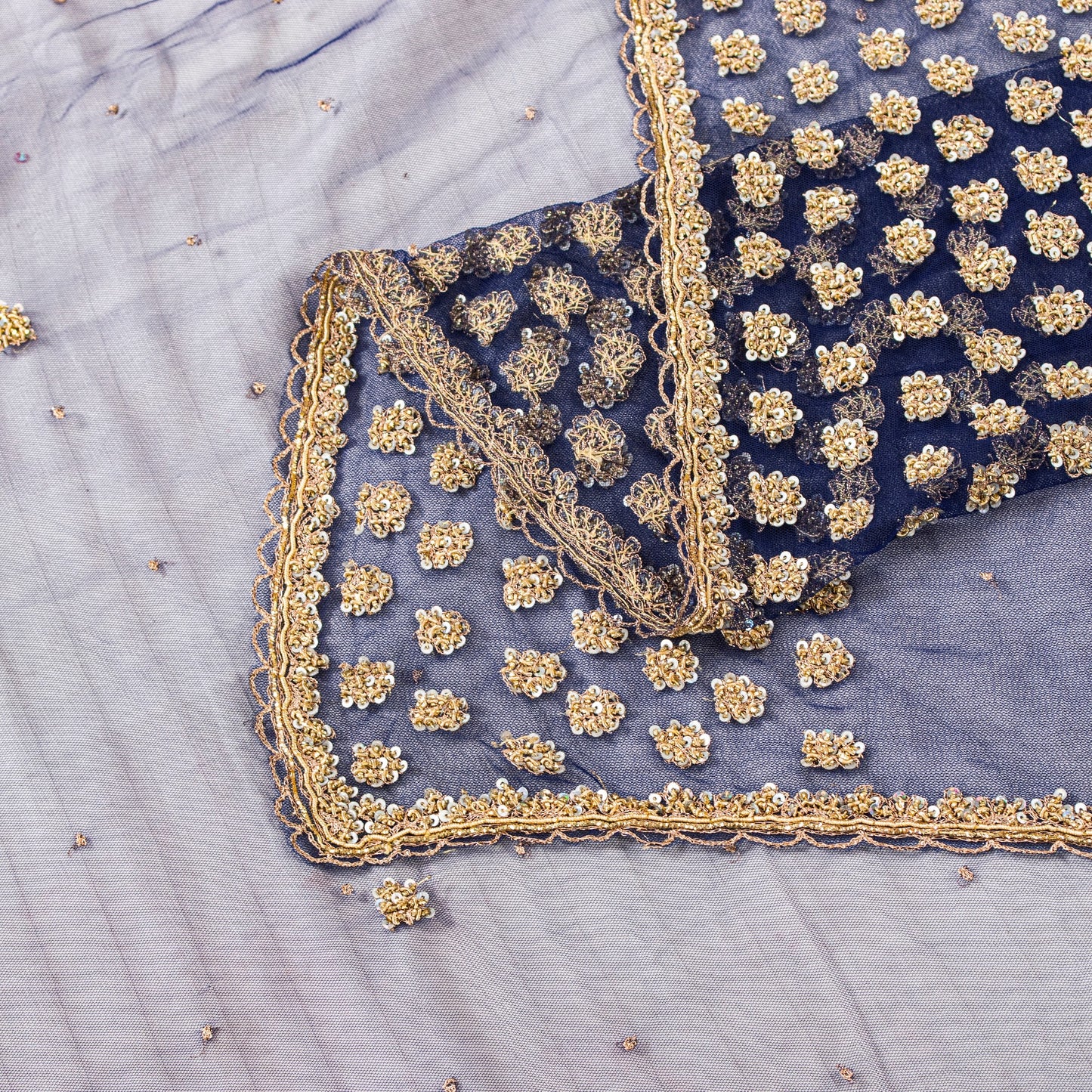 Sanskriti Vintage Blue Net Mesh Dupatta Long Stole Hand Bead Zari Zardozi Scarf