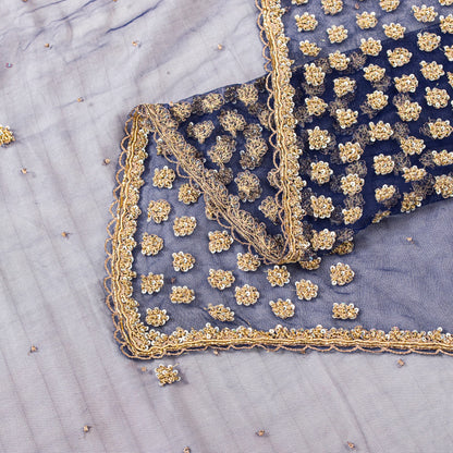 Sanskriti Vintage Blue Net Mesh Dupatta Long Stole Hand Bead Zari Zardozi Scarf