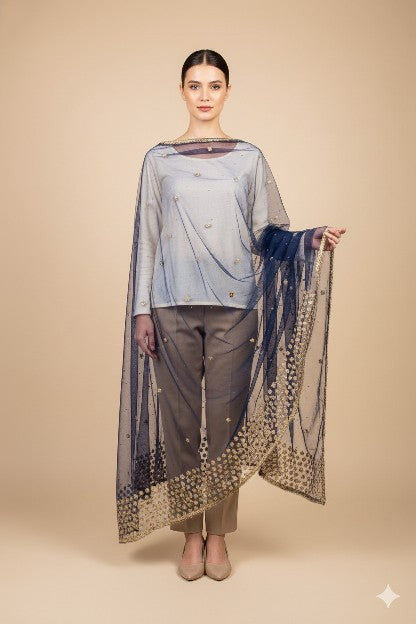 Sanskriti Vintage Blue Net Mesh Dupatta Long Stole Hand Bead Zari Zardozi Scarf