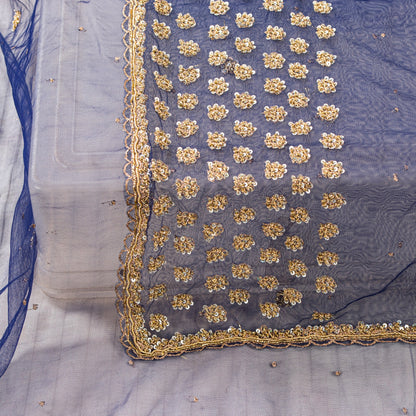Sanskriti Vintage Blue Net Mesh Dupatta Long Stole Hand Bead Zari Zardozi Scarf