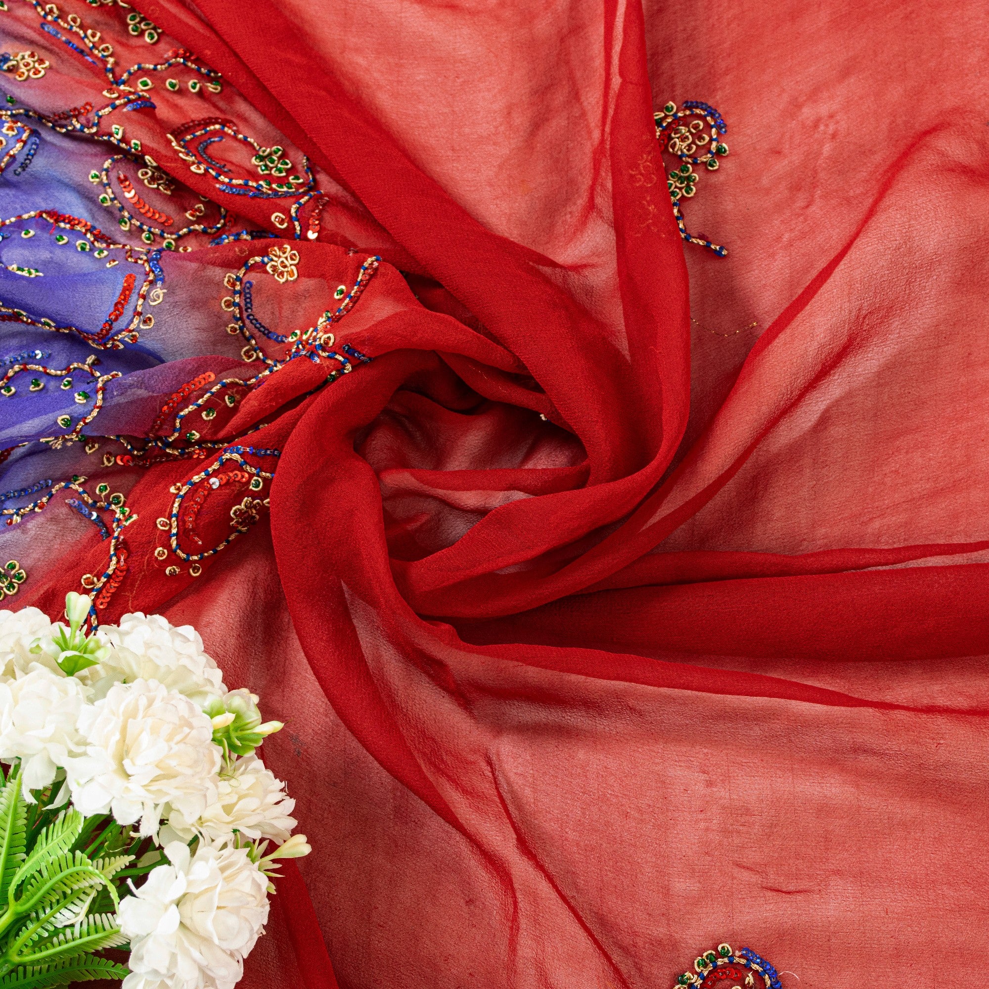 Sanskriti Vintage Red-Purple Pure Georgette Dupatta Stole Hand Glass Bead Dabka