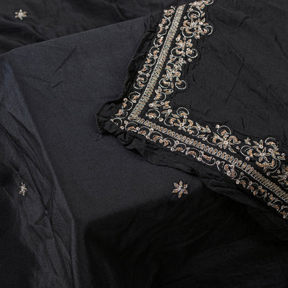 Sanskriti Vintage Black Pure Silk Dupatta Long Stole Hand Beaded Zardozi Scarves