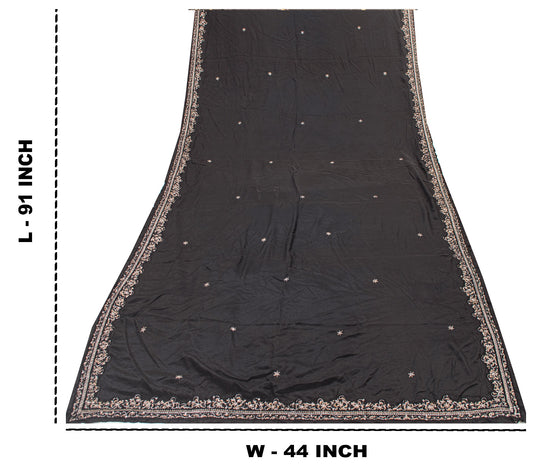 Sanskriti Vintage Black Pure Silk Dupatta Long Stole Hand Beaded Zardozi Scarves