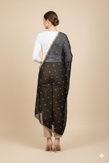 Sanskriti Vintage Black Pure Silk Dupatta Long Stole Hand Beaded Zardozi Scarves