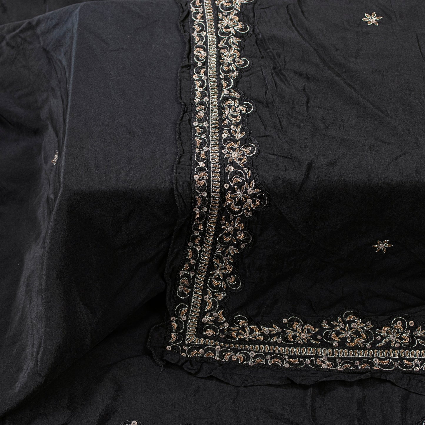 Sanskriti Vintage Black Pure Silk Dupatta Long Stole Hand Beaded Zardozi Scarves
