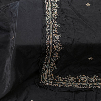 Sanskriti Vintage Black Pure Silk Dupatta Long Stole Hand Beaded Zardozi Scarves