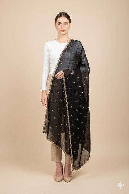 Sanskriti Vintage Black Pure Silk Dupatta Long Stole Hand Beaded Zardozi Scarves