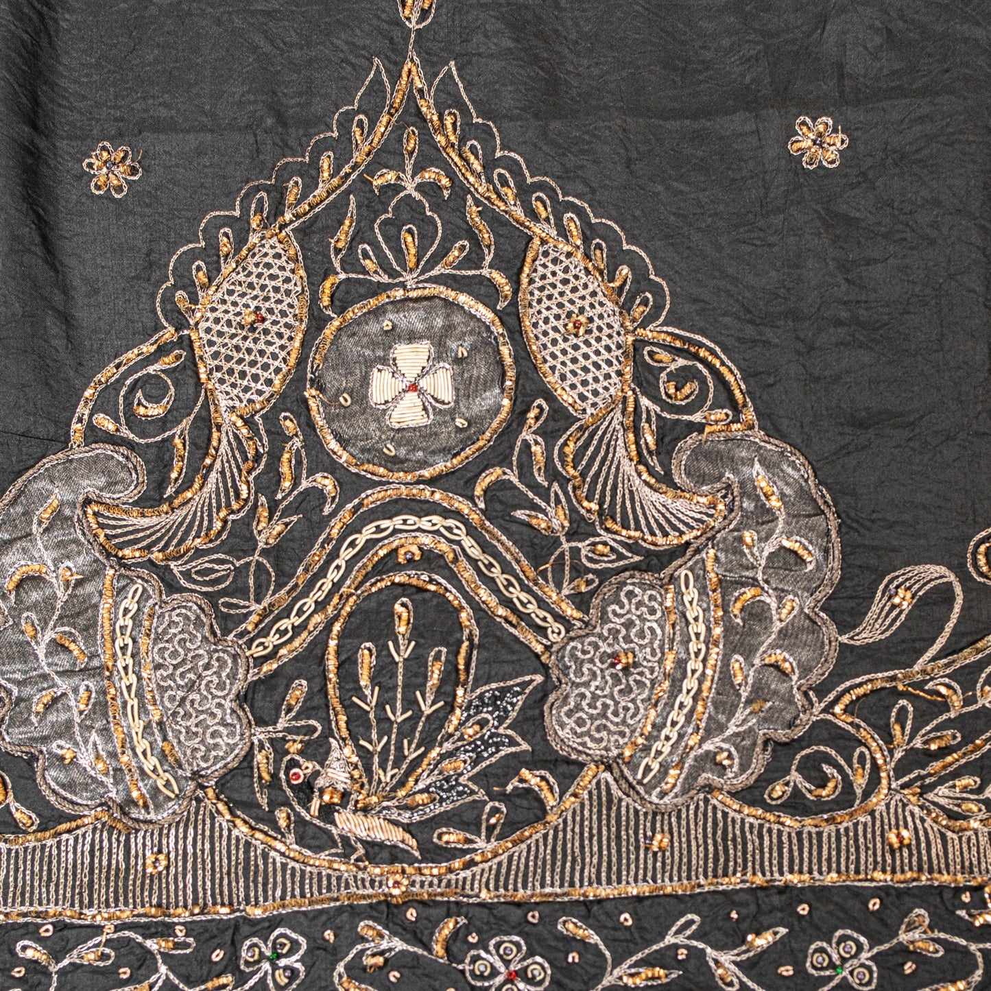 Sanskriti Vintage Black Pure Silk Dupatta Long Stole Hand Embroidered Zardozi Sequins Uses-Table linen, Cushions, Curtains, Dressing