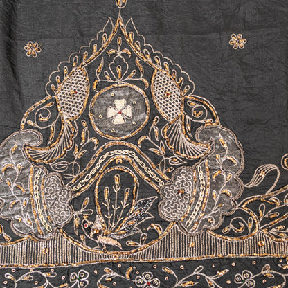 Sanskriti Vintage Black Pure Silk Dupatta Long Stole Hand Embroidered Zardozi Sequins Uses-Table linen, Cushions, Curtains, Dressing