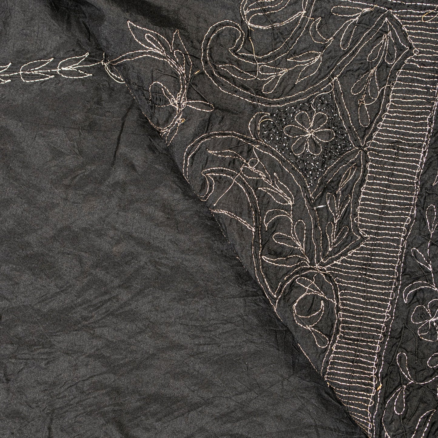 Sanskriti Vintage Black Pure Silk Dupatta Long Stole Hand Embroidered Zardozi Sequins Uses-Table linen, Cushions, Curtains, Dressing