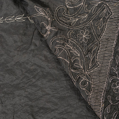 Sanskriti Vintage Black Pure Silk Dupatta Long Stole Hand Embroidered Zardozi Sequins Uses-Table linen, Cushions, Curtains, Dressing