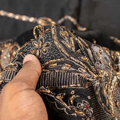 Sanskriti Vintage Black Pure Silk Dupatta Long Stole Hand Embroidered Zardozi Sequins Uses-Table linen, Cushions, Curtains, Dressing