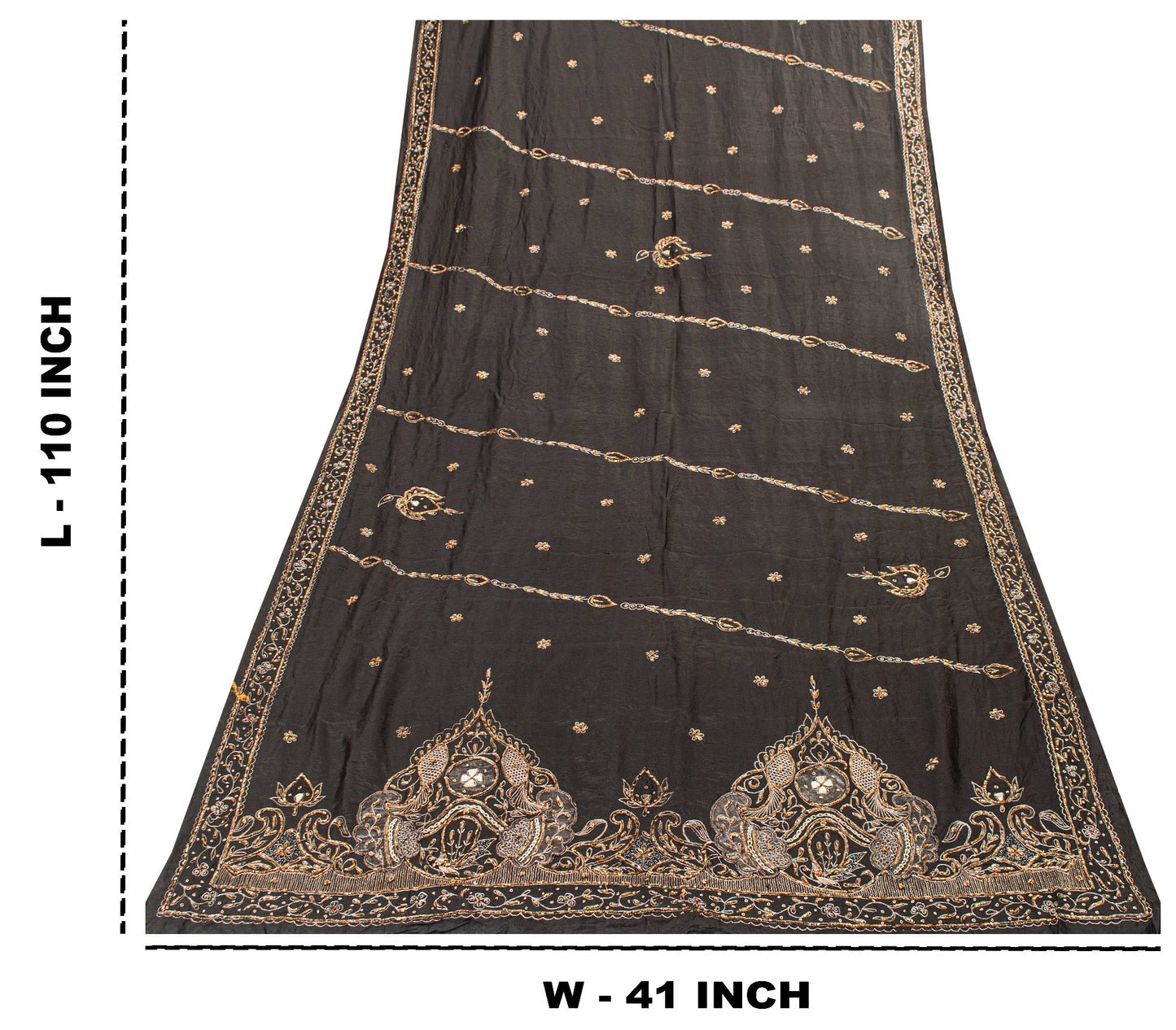 Sanskriti Vintage Black Pure Silk Dupatta Long Stole Hand Embroidered Zardozi Sequins Uses-Table linen, Cushions, Curtains, Dressing