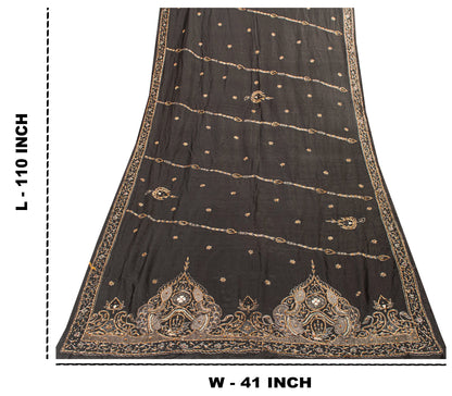 Sanskriti Vintage Black Pure Silk Dupatta Long Stole Hand Embroidered Zardozi Sequins Uses-Table linen, Cushions, Curtains, Dressing