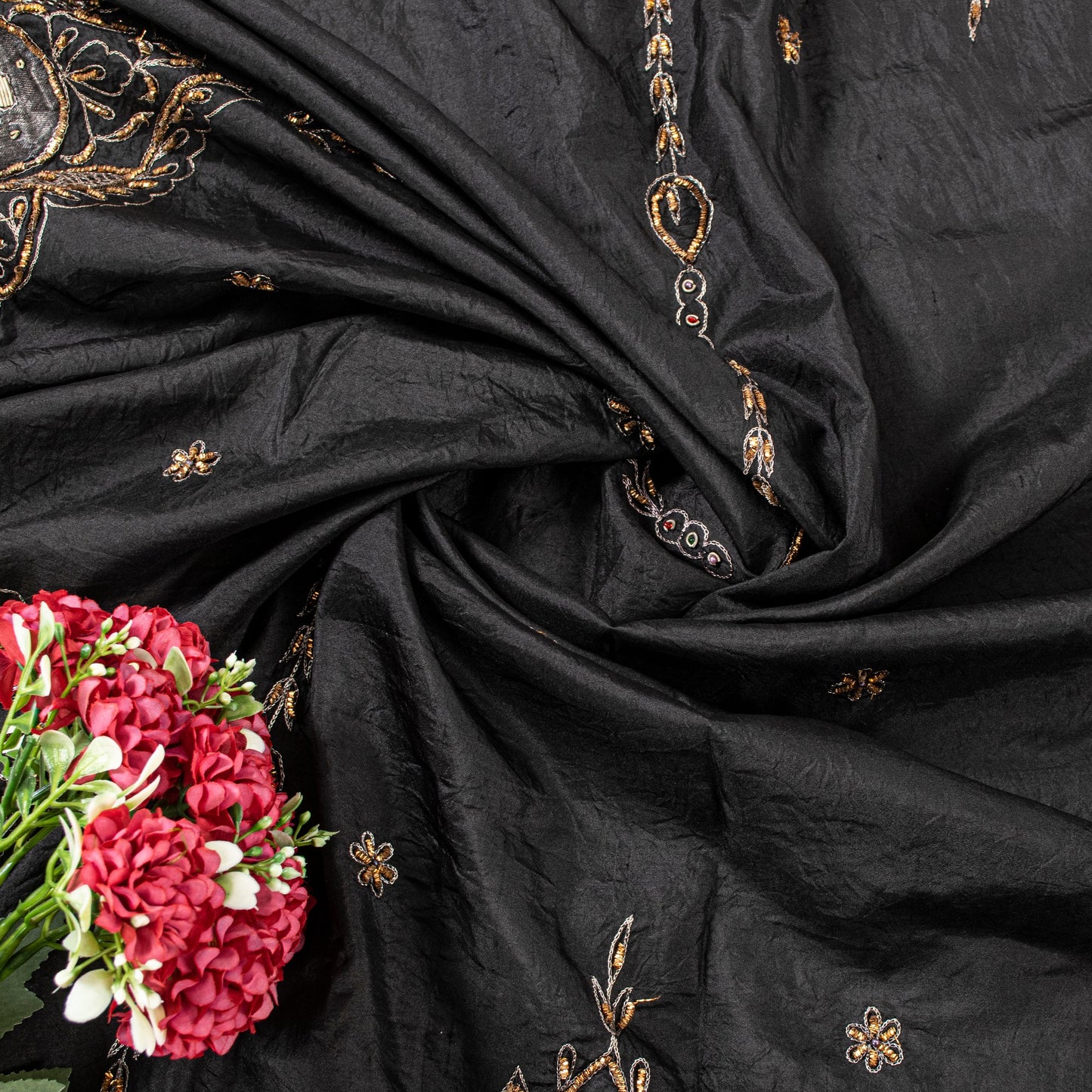 Sanskriti Vintage Black Pure Silk Dupatta Long Stole Hand Embroidered Zardozi Sequins Uses-Table linen, Cushions, Curtains, Dressing