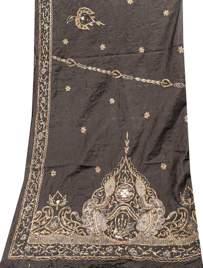 Sanskriti Vintage Black Pure Silk Dupatta Long Stole Hand Embroidered Zardozi Sequins Uses-Table linen, Cushions, Curtains, Dressing